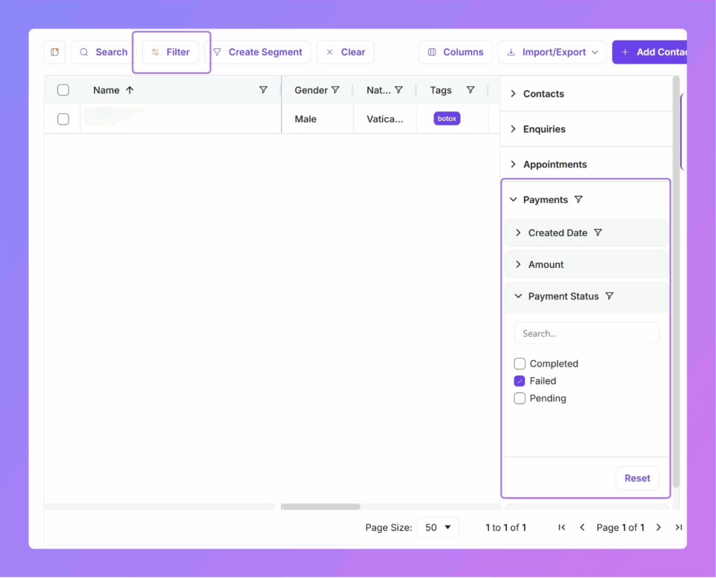 Newsletter Contacts Payment Filter